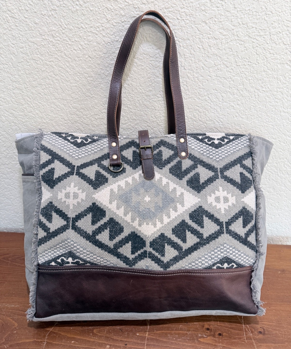 Myra Weekender Large Tote Bag Gray Rug Print Leather Canvas Excellent Condition